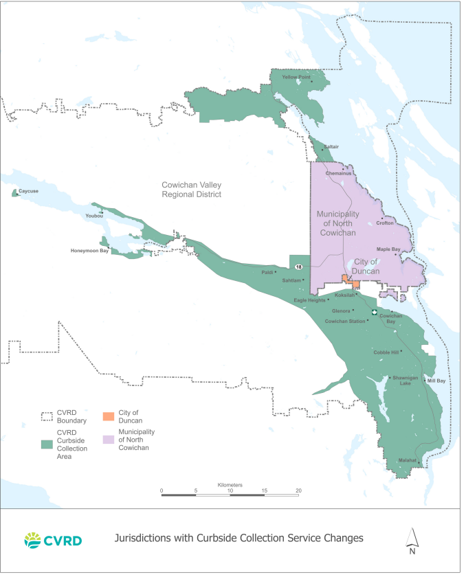 A jurisdictional map of the Cowichan Valley Regional District (CVRD) highlighting areas with curbside collection service changes. The map outlines different regions with color coding: the CVRD Curbside Collection Area in green, the City of Duncan in orange, and the Municipality of North Cowichan in purple. The CVRD boundary is represented by a dashed line. Several towns and communities such as Mill Bay, Cobble Hill, Shawnigan Lake, Youbou, and Chemainus are labeled. A legend in the lower left explains the color codes and boundaries. The map includes a scale bar in kilometers and a north arrow for orientation. The CVRD logo and the title 'Jurisdictions with Curbside Collection Service Changes' are displayed at the bottom.